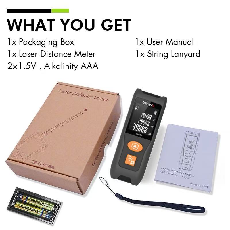 Beneya Professional 196ft/60m Laser Measurement Tool Red Beam, Digital Laser Measure Meter LCD Backlit Display, m/ft/in, Area and Volume