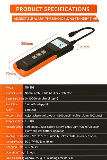 Détecteur portable de fuites de gaz inflammables Beneya NM393 avec alertes 3-en-1
