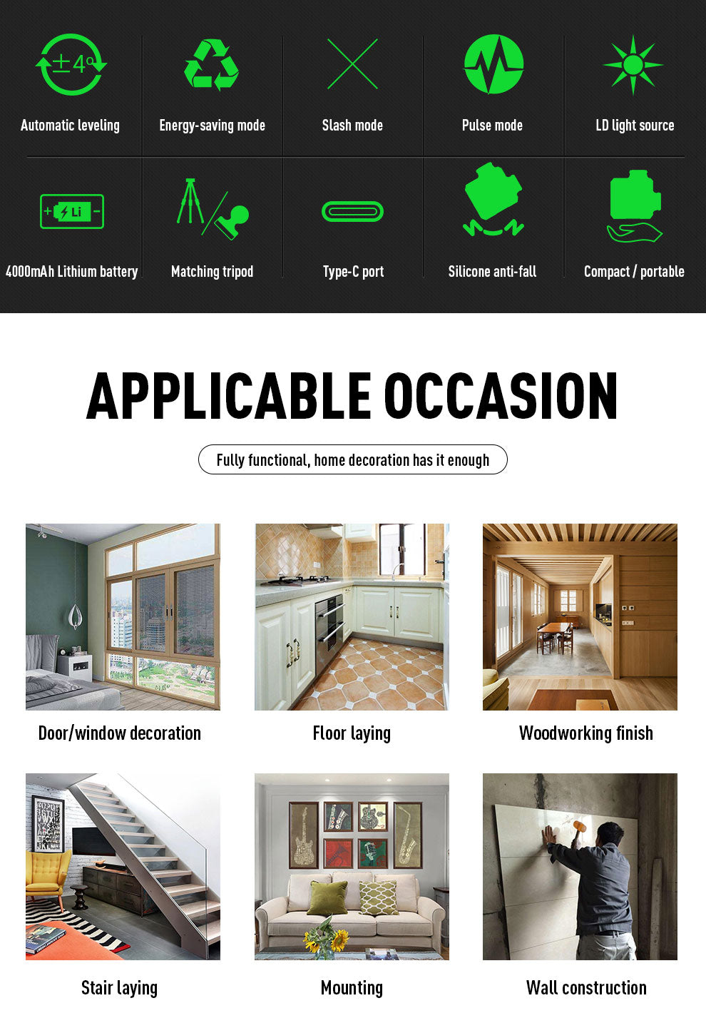 Beneya 8-Line 2×360° Green Beam Laser Level with Light Intensity Adjustment, Rechargeable Lithium Battery (Type-C Port), Horizontal &amp; Vertical Self-Leveling Tool