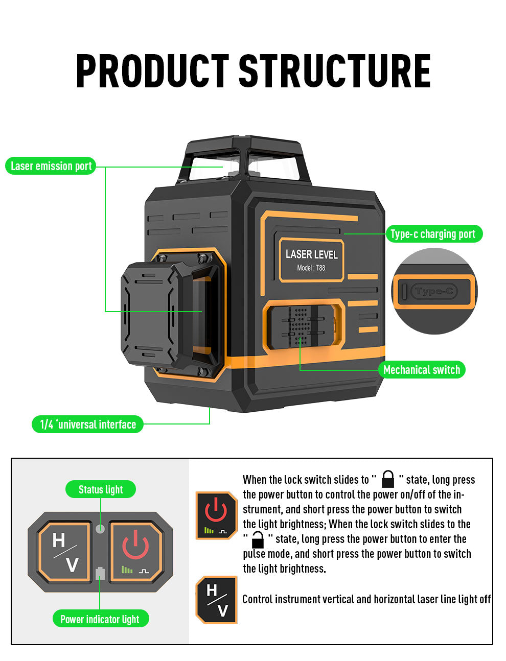Beneya 8-Line 2×360° Green Beam Laser Level with Light Intensity Adjustment, Rechargeable Lithium Battery (Type-C Port), Horizontal &amp; Vertical Self-Leveling Tool