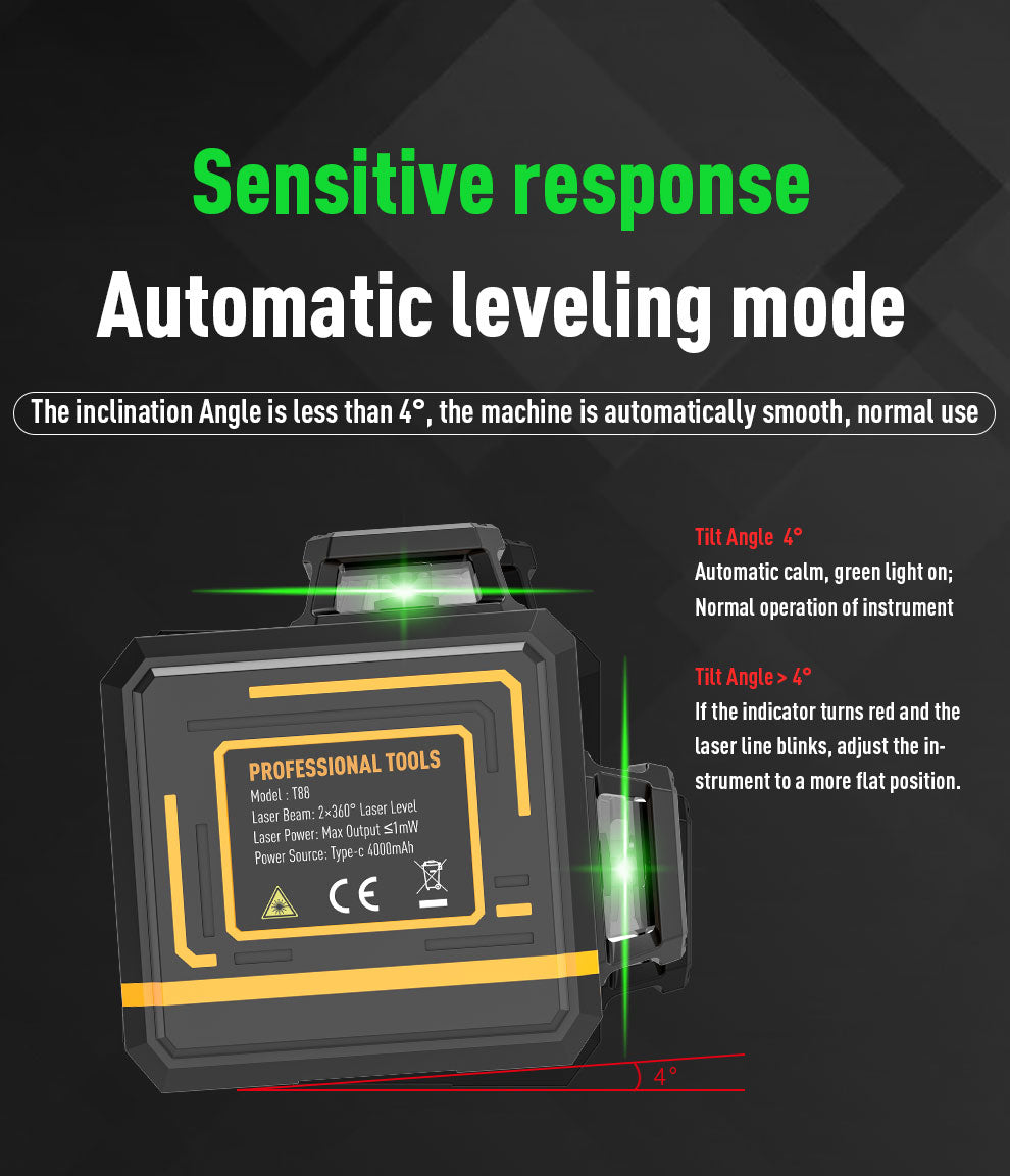 Beneya 8-Line 2×360° Green Beam Laser Level with Light Intensity Adjustment, Rechargeable Lithium Battery (Type-C Port), Horizontal &amp; Vertical Self-Leveling Tool