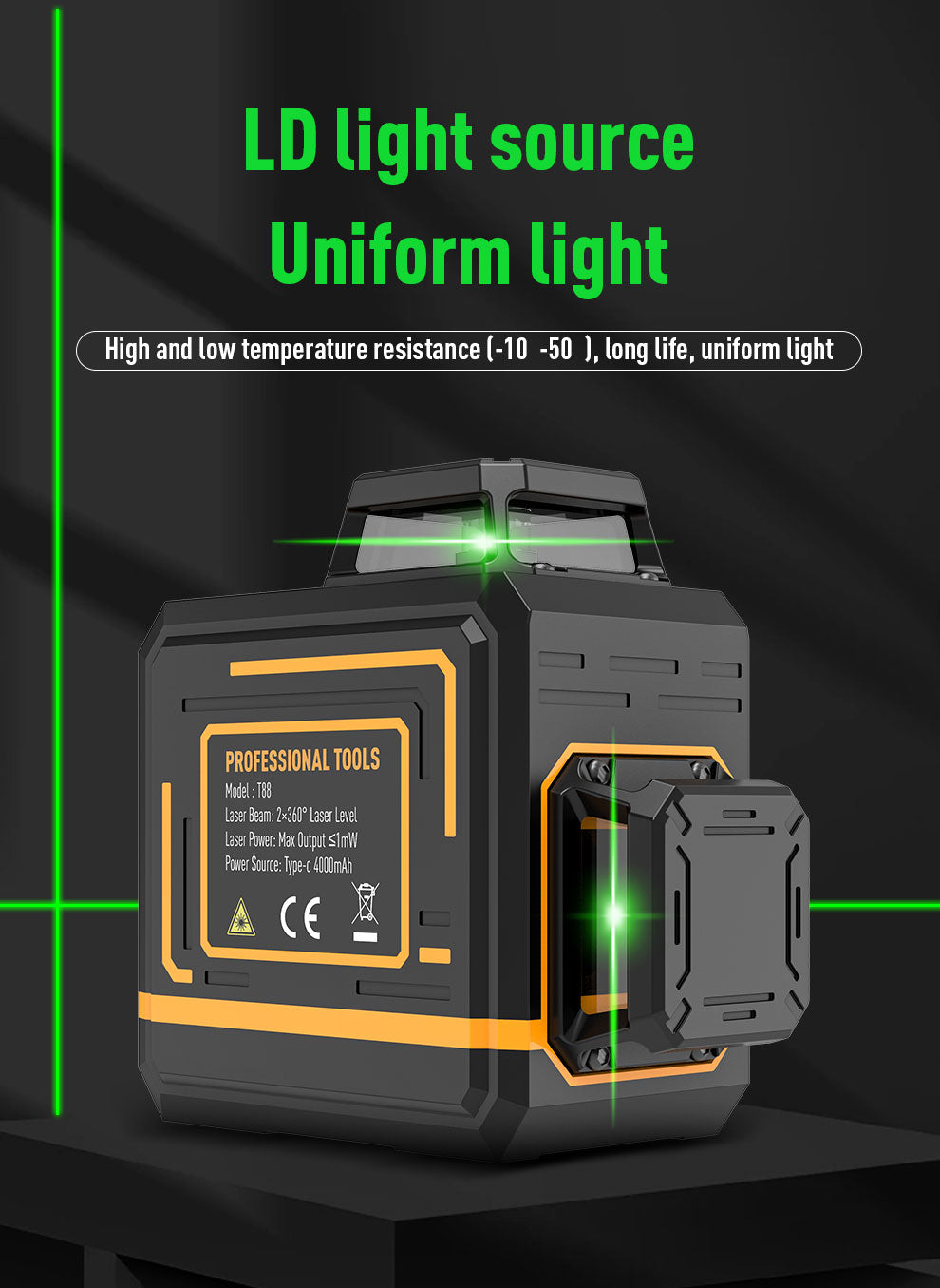 Beneya 8-Line 2×360° Green Beam Laser Level with Light Intensity Adjustment, Rechargeable Lithium Battery (Type-C Port), Horizontal &amp; Vertical Self-Leveling Tool