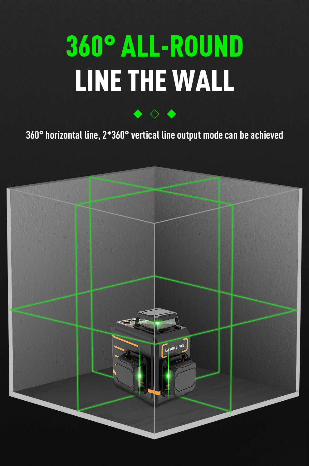 Beneya 12-line 3×360° green beam laser level with light intensity adjustment function, rechargeable lithium battery (Type-C interface), and automatic leveling tools for horizontal and vertical.