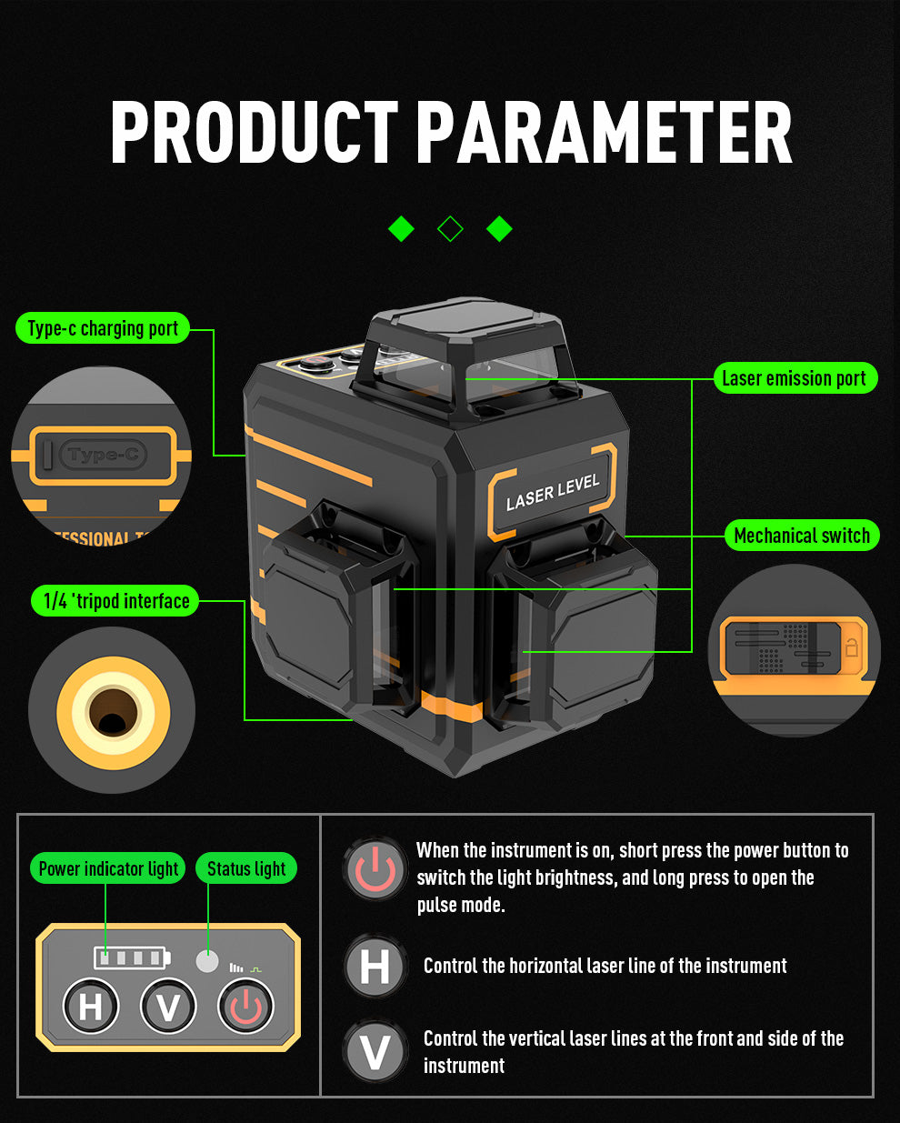 Beneya 12-line 3×360° green beam laser level with light intensity adjustment function, rechargeable lithium battery (Type-C interface), and automatic leveling tools for horizontal and vertical.