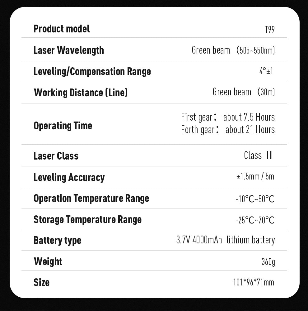 Beneya 12-line 3×360° green beam laser level with light intensity adjustment function, rechargeable lithium battery (Type-C interface), and automatic leveling tools for horizontal and vertical.