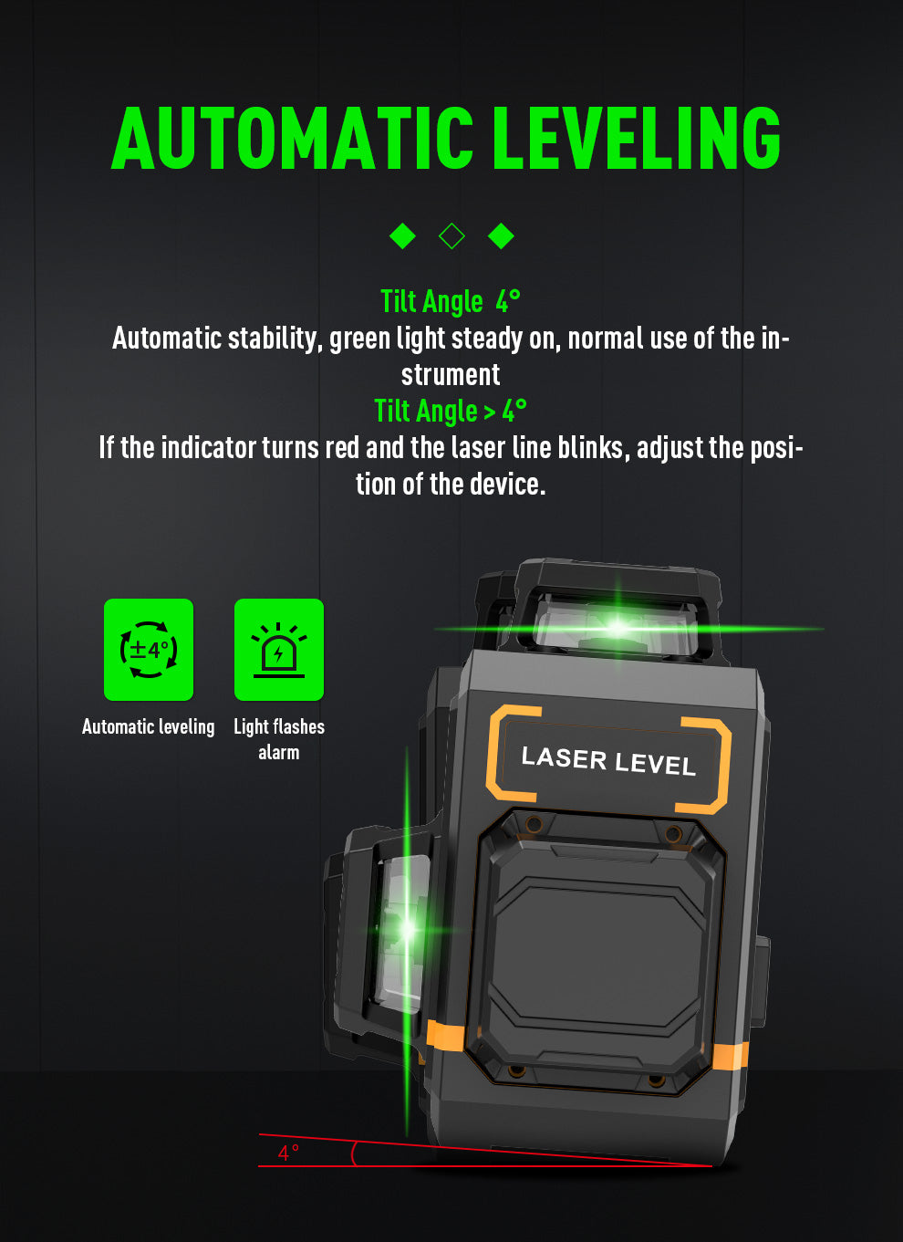 Beneya 12-line 3×360° green beam laser level with light intensity adjustment function, rechargeable lithium battery (Type-C interface), and automatic leveling tools for horizontal and vertical.