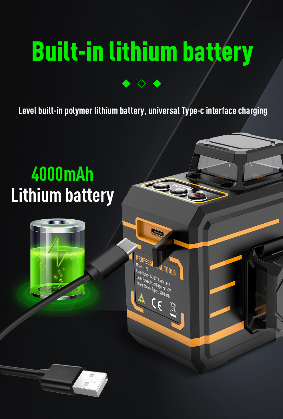 Beneya 12-line 3×360° green beam laser level with light intensity adjustment function, rechargeable lithium battery (Type-C interface), and automatic leveling tools for horizontal and vertical.