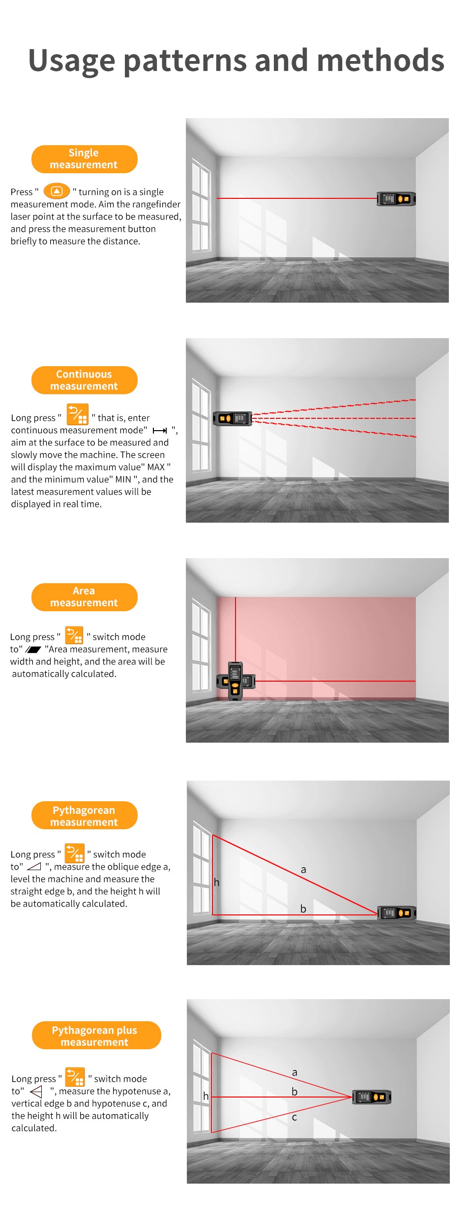 Beneya Professional 196ft/60m Laser Measurement Tool Red Beam, Digital Laser Measure Meter LCD Backlit Display, m/ft/in, Area and Volume