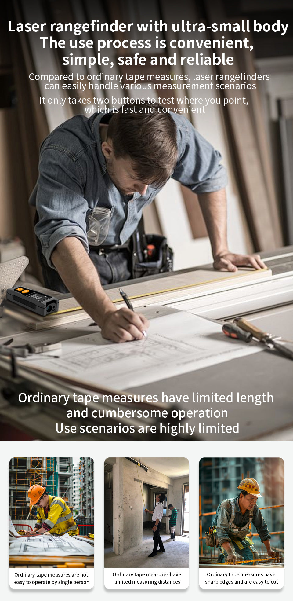 Beneya Professional 196ft/60m Laser Measurement Tool Red Beam, Digital Laser Measure Meter LCD Backlit Display, m/ft/in, Area and Volume