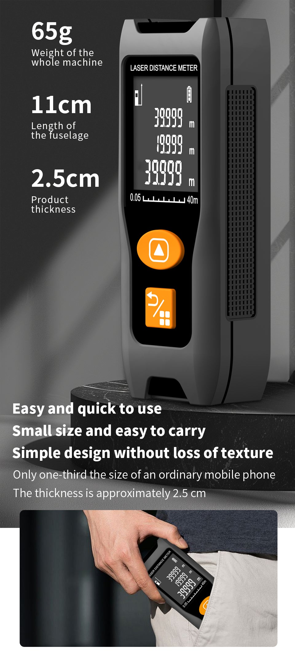 Beneya Professional 196ft/60m Laser Measurement Tool Red Beam, Digital Laser Measure Meter LCD Backlit Display, m/ft/in, Area and Volume